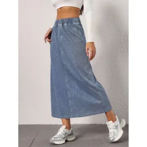 Women casual light blue non-stretch denim midi skirt, standard front view main photo.