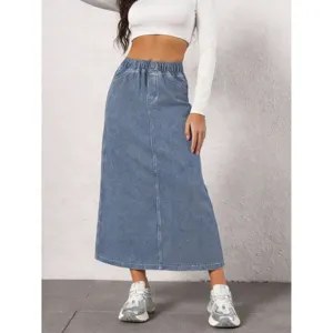Women's light blue denim midi skirt with elastic waist, spring summer casual long skirt