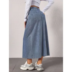 Women light blue denim midi skirt high waist a line casual long denim skirts for summer