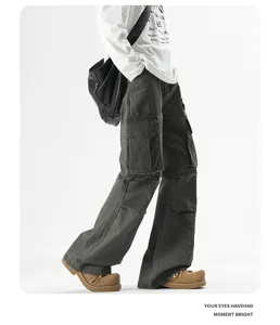 American style cleanfit flare cargo denim pants with multiple pockets for daily wear.