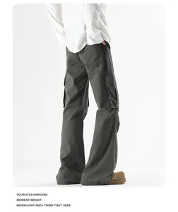 Detailed view of American cleanfit flared cargo pants, multi-pocket washed denim, stylish fit.