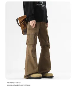 Close-up of American clean fit flare cargo pants featuring multiple pockets and washed finish.