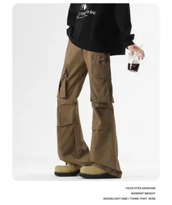 Brown cargo flared pants detail featuring multi-pocket design, washed fabric and stylish look.