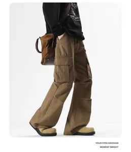 Detail view of brown cargo flare pants, US cleanfit style, multi-pocket cotton denim.