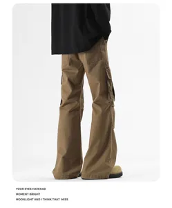 Detailed view of the back of brown cargo flared pants, featuring multi-pocket design and fit.