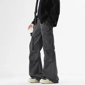 Men's American Vintage Cleanfit Multi-Pocket Cargo Washed Denim Jeans Flared Casual Long Pants