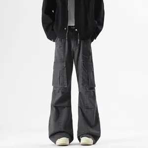 Washed dark grey multi-pocket cargo flared jeans for men and women, stylish clean fit streetwear.