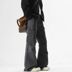 Men's Women's American Cleanfit Multi-pocket Cargo Washed Micro-flared Pants Dark Grey