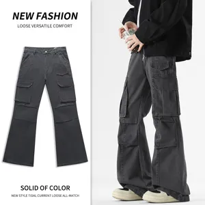 American cleanfit micro flare multi-pocket cargo washed denim pants for men and women stylish.
