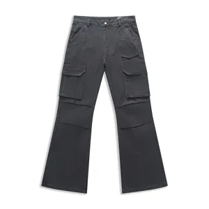 American cleanfit flare cargo denim pants for men and women multi-pocket washed jeans