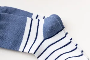Kids mid-high cotton socks detail showing soft blue and white stripes knit fabric comfy.