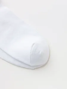 Close-up detail of white cotton women low cut boat socks, showing fine knit texture and soft fabric.