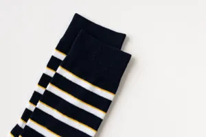 Men cotton dress socks with navy blue, white and yellow stripes, comfortable and breathable.