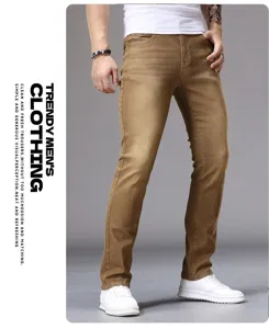 Men's slim fit casual denim jeans in khaki, perfect for daily wear and stylish matching.