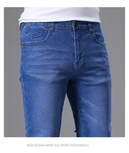 Men slim fit blue denim jeans detail view, classic washed style for casual daily wear fashion.