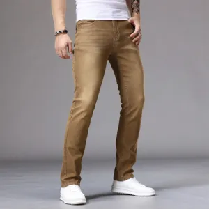 Men's classic slim fit casual denim jeans in khaki brown color for daily wear stylish.