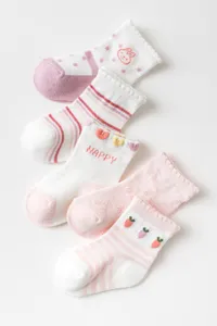 Schattige katoenen babysokjes in roze en witte strepen met konijnenprint en leuke details.