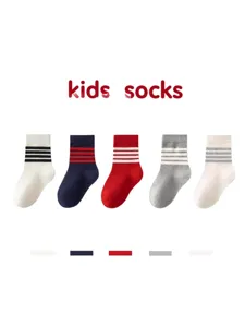 Kids striped cotton mid-tube socks, breathable daily casual sports socks for boys and girls.