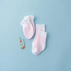 Cotton baby anti-scratch mittens and socks set, breathable newborn essentials, pink stripe.