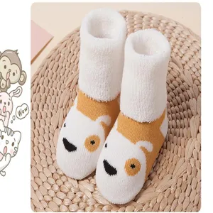Cute thick cartoon terry baby socks, warm winter toddler anti-slip socks for kids.
