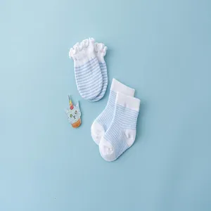 Breathable cotton baby socks and anti-scratch mittens set in blue and white stripes for summer.