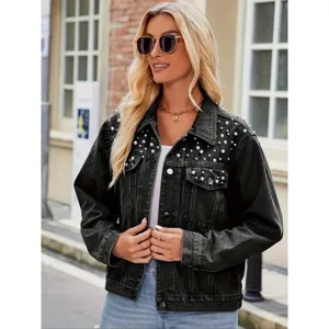 Veste en Denim de Coton Effet Usé Décontractée pour Femme Vintage Manches Longues Boutonnage Simple Perlé Ample