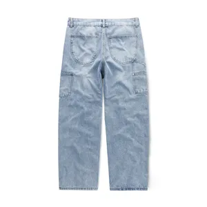 Men's vintage high street washed light blue denim cargo jeans straight leg casual pants