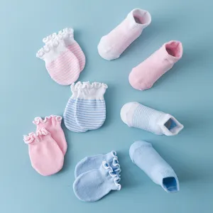 Baby cotton anti-scratch mittens and socks set, cute striped newborn protective accessories.
