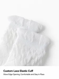 White lace mid-tube socks for children, breathable mesh design with soft comfortable ruffle cuff.