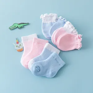 Cute cotton baby socks and anti-scratch mittens set with striped design for newborns.