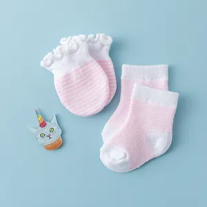Cotton baby socks and anti-scratch mittens set with cute pink striped design for daily wear.