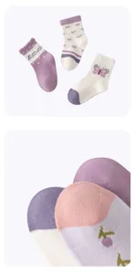 Kids mid-tube cotton socks featuring cute butterfly patterns and lovely purple white colors.