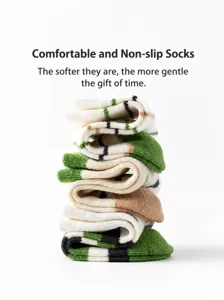 Kids white mid-tube socks with green brown stripes, soft loose top seamless casual wear.
