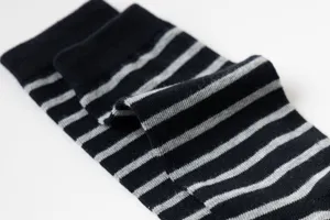 Black and grey striped mid-calf cotton socks detailed view showing soft knit texture and comfort fit.