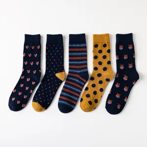 Men's mid-calf cotton socks with assorted patterns, comfortable stretch crew socks for daily wear.