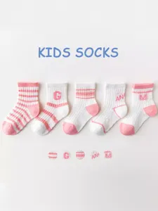 Cute breathable kids mesh socks with pink stripes and letter embroidery for spring and summer.