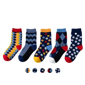 Kids colorful patterned cotton crew socks set, warm mid-calf casual socks for boys and girls.