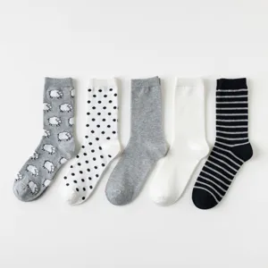 Casual cotton mid-tube socks set, featuring cute sheep, polka dots, and stripes for daily wear.