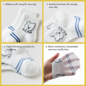 Ademende babysokken met berenprint, elastische rib en versterkte hiel voor kleintjes.