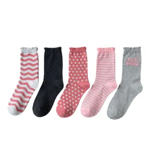 Women mid tube cotton socks pack of five cute pink striped polka dot casual hosiery fashion