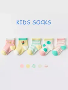 Kids mesh summer socks breathable cotton cute cartoon embroidery multi-color five pairs set.