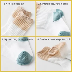 Baby breathable cotton mesh socks with elastic cuff and reinforced heel for spring summer.