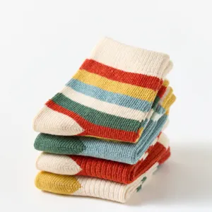 Children striped mid-tube cotton socks, thick and soft winter thermal socks, 5 pairs pack.