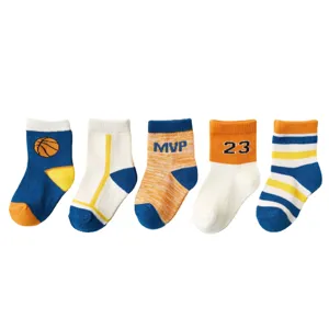 Cute cotton kids sports socks 5-pack featuring basketball and stripes design for toddlers.