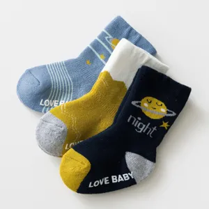 Toddler thick warm terry cotton socks with anti-slip grip and cute planet print for autumn winter