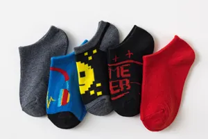 Kids cotton boat socks 5-pack with fun game and pixel patterns, breathable short socks for 3-9y
