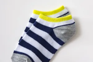Comfortable breathable striped kids low cut socks, neon yellow trim, daily wear, soft.