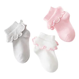 Cute cotton baby socks with frilly lace cuffs, soft elastic mid-tube design, comfortable for kids.