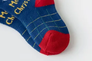 Thickened Christmas terry socks detail, blue and red plaid winter cotton kids socks.