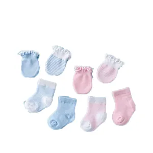 Cute newborn baby cotton socks and anti-scratch mittens set in soft blue and pink colors.